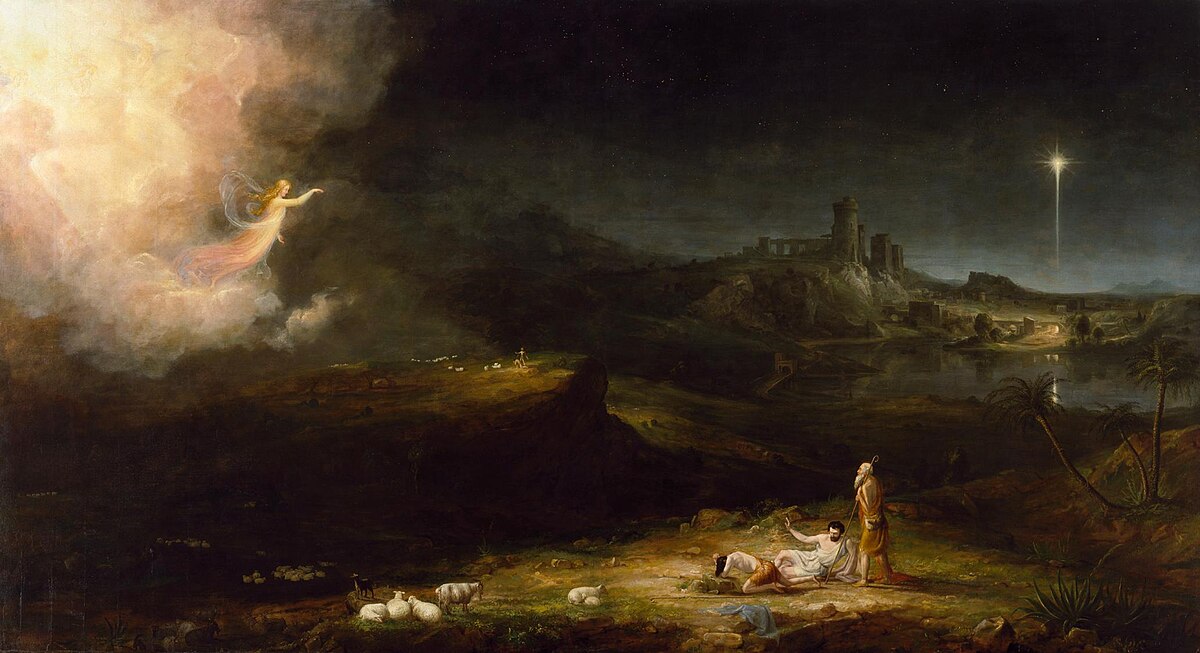 Angel up in the sky appearing to men on the ground with sheep.  A bright star over a nearby town.