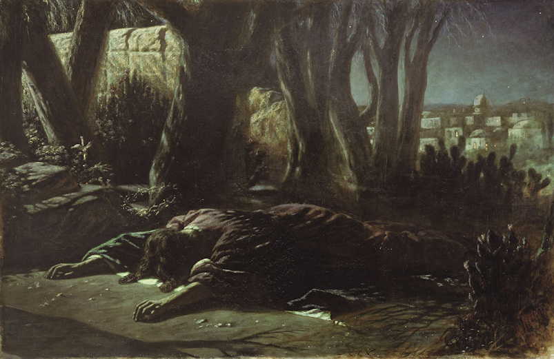 Jesus facedown on the ground under a tree with arms outstretched