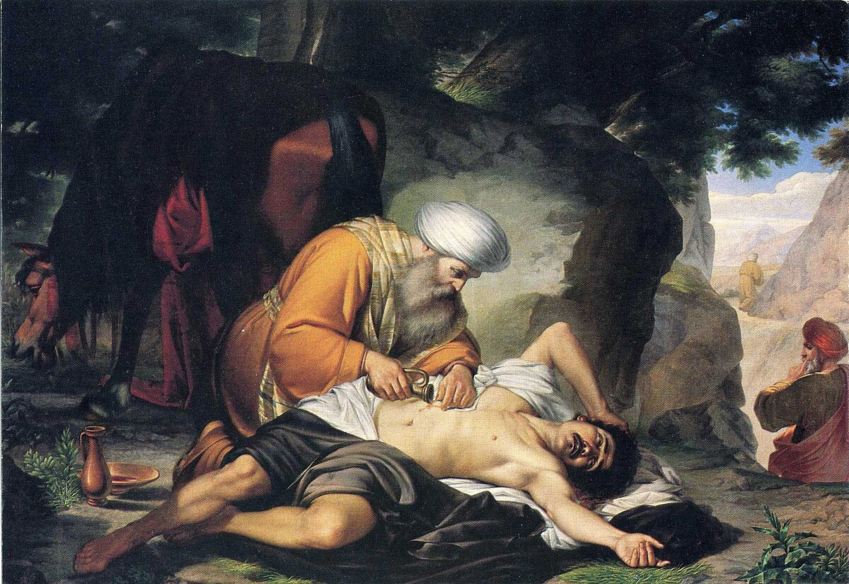 Good Samaritan kneeling over wounded traveler, caring for his wounds
