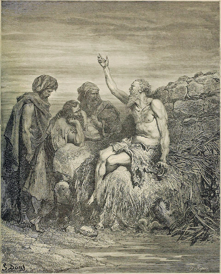 A poorly dressed man sitting on straw talking to three well-dressed people standing
