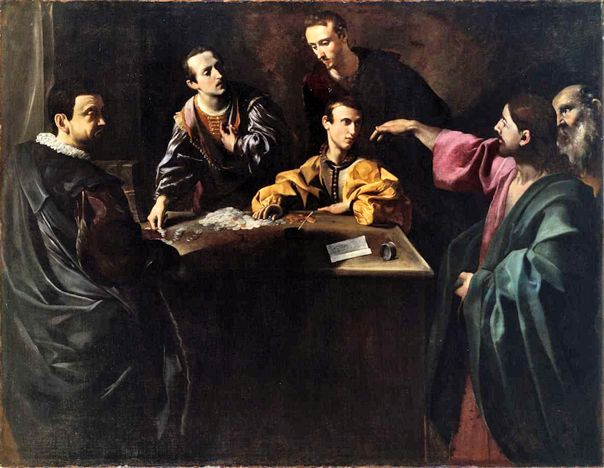 Matthew seated at a table with money on it and three people around him being called by Jesus