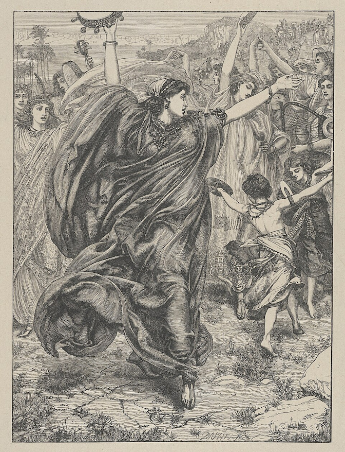 Miairiam holding a tambourine high and dancing with many other Israelites