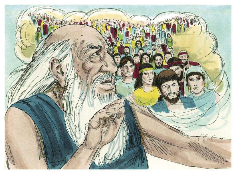 Moses with throng of Israelites behind him