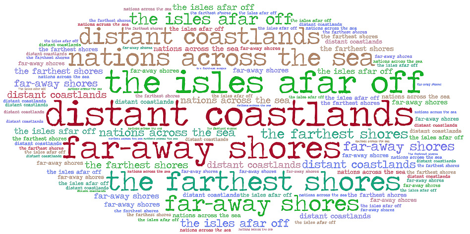 Word cloud saying things like distant isles, faraway coastlands and farthests shores