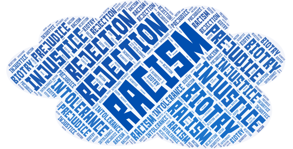 Word cloud of words related to racism like bigotry, prejudice, and intolerance
