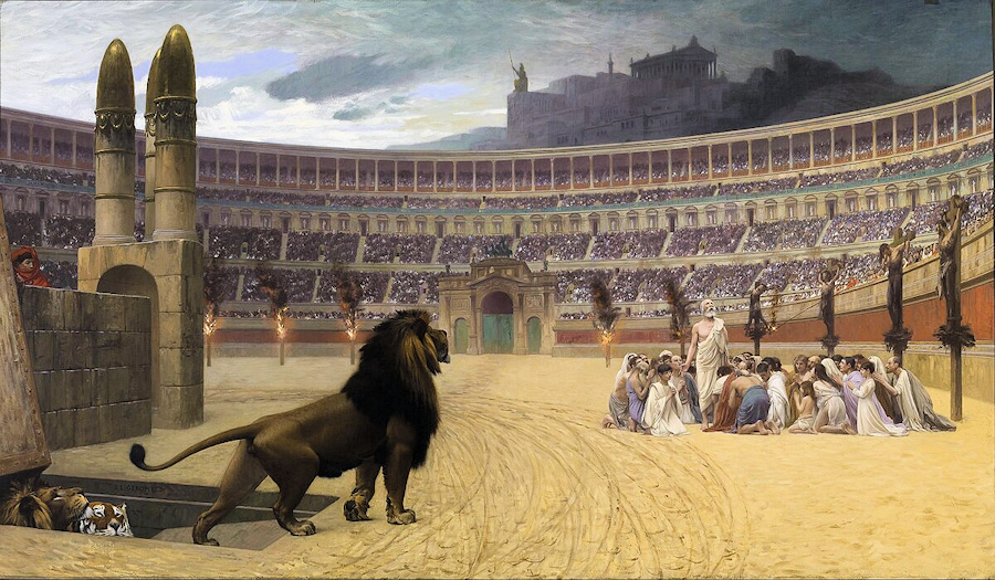 Lions approaching a group of Christians on a stadium floor