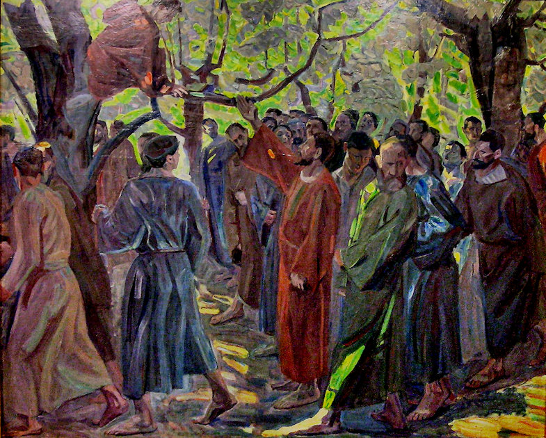 A man sitting on a tree branch above Jesus with a crowd of people around him.