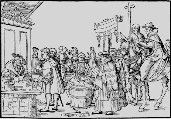 Church representative seated at a table selling indulgences papers to a line of buyers
