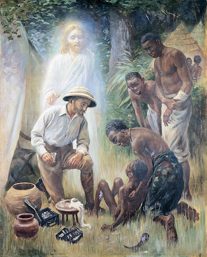 Missionary attending to a young boy while others watch. Christ is looking over the shoulder of the medical missionary.