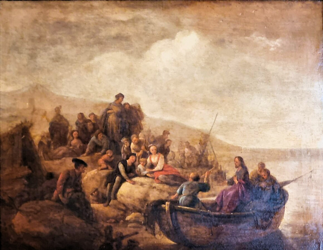 Jesus sitting in a boat preaching to people on the shore
