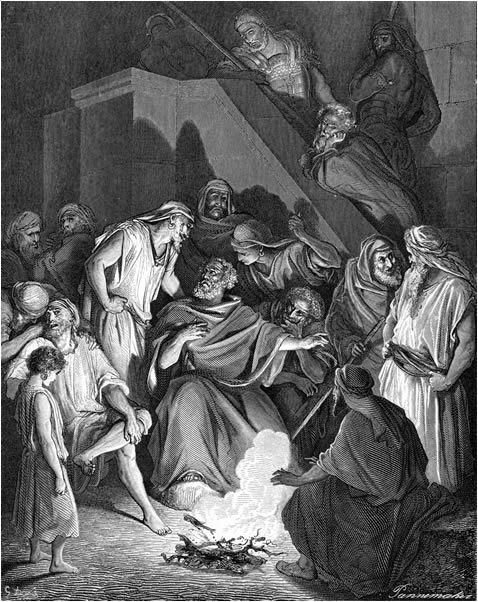 Peter warming himself at a fire with other people while denying to another man that he knows Jesus