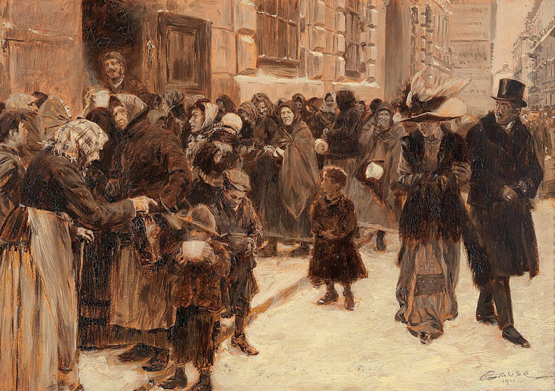 Group of poorly-dressed people, mostly females and children, standing in line to receive food.  An obviously rich couple walks by with disdain on their faces