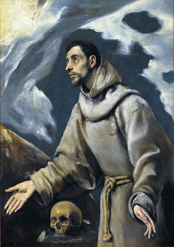 Depiction of Francis as a robed man looking upward with arms outstretched