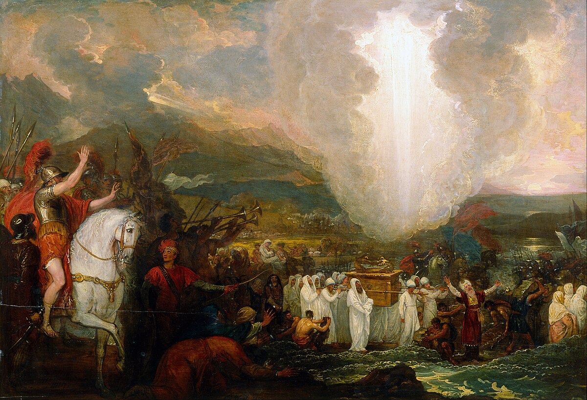 Priests carrying the Ark of the Covenant across the Jordan River beneath a pillar cloud