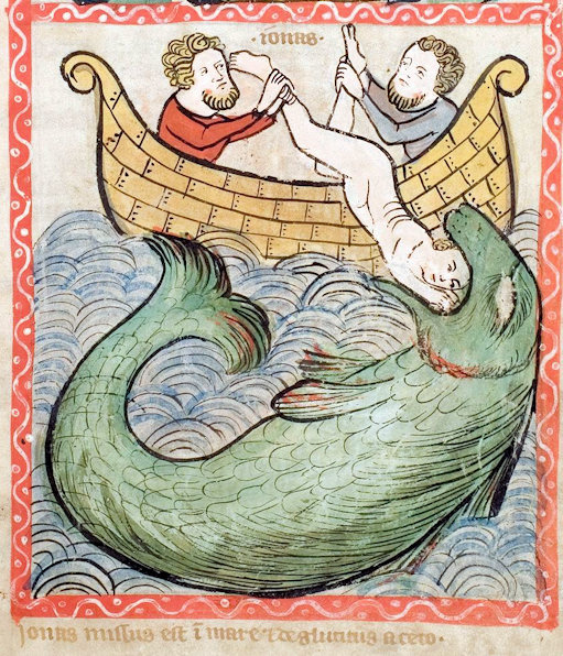 Jonah being tossed into the mouth of a big fish