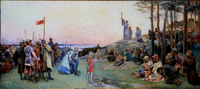 Missionary preaching from hilltop to a crowd near the seashore