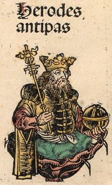 Drawing of Herod Antipas sitting on a pillow and holding a sceptor