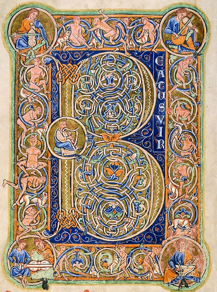 A very ornate multicolored letter B covering a full page