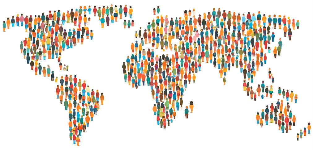 Groups of figures of tiny people arranged so they form a map of the whole world