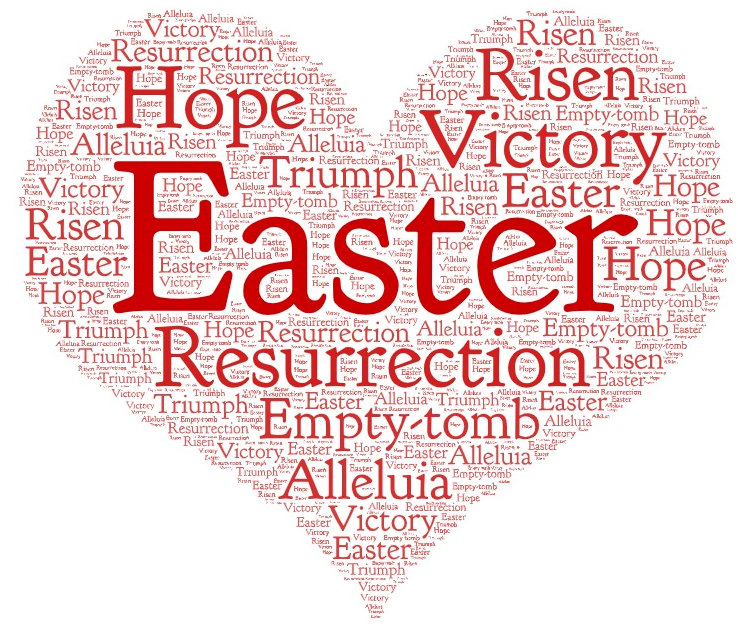 Heart-shaped word cloud of Easter-related words like risen, empty tomb, victory, and triumph