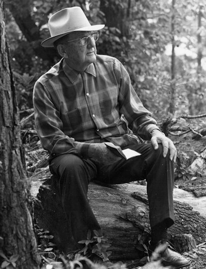 Townsend seated in front of a tree holding an open book