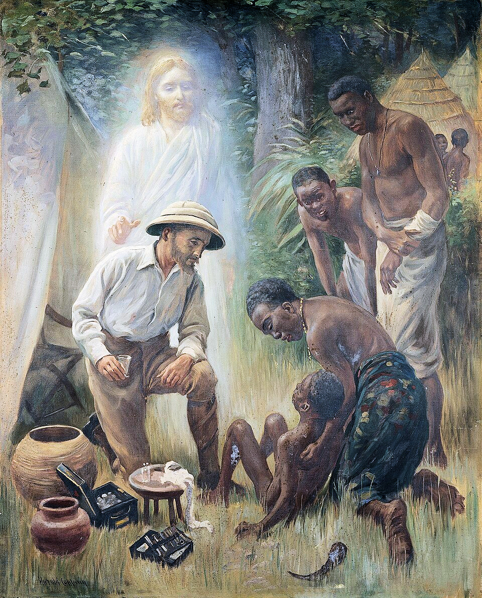 Missionary attending to a young boy while others watch. Christ is looking over the shoulder of the medical missionary.