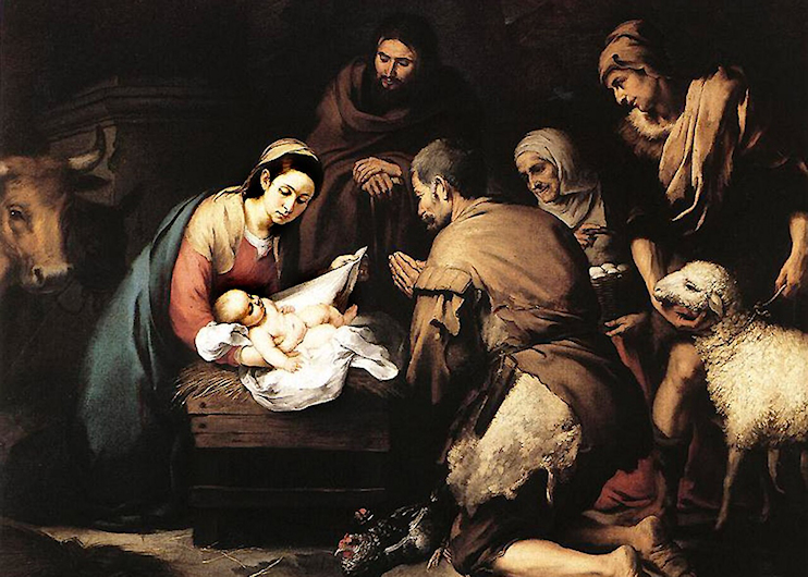 Shepherds kneeling in front of a manger where baby Jesus is lying with Mary hovering over Him