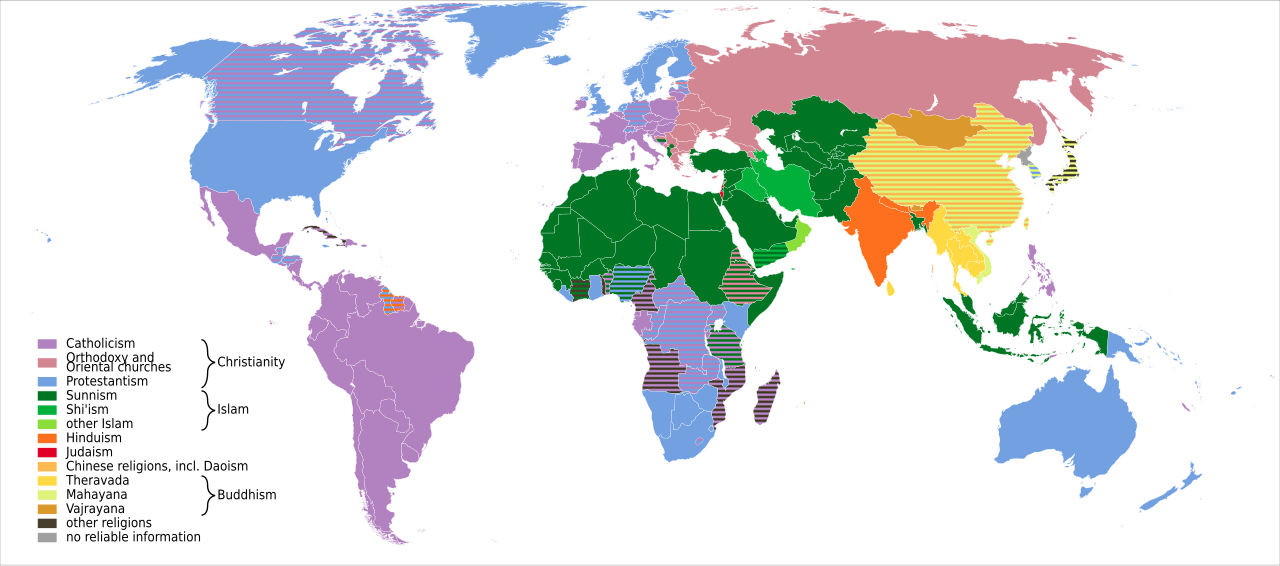 World map using colors to indicate the major religious tradition in each country or area