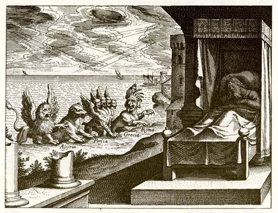 Daniel in bed with four strange animals nearby