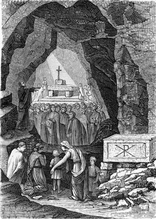 Gathering of Christians in an underground cavern.  A man is preaching to them.