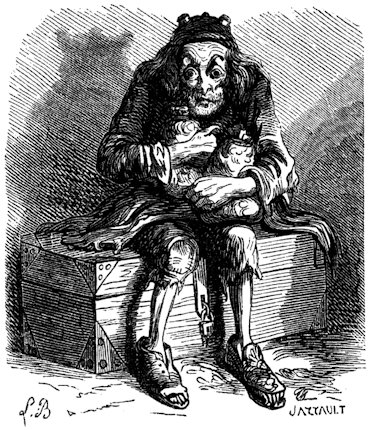 Grotesque depiction of wretched, sitting figure grasping at things