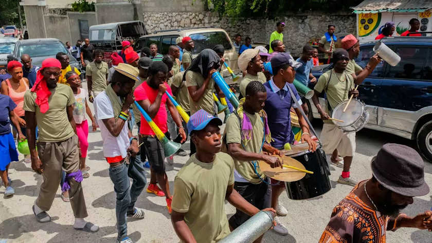 rara band with instruments in Haitian street