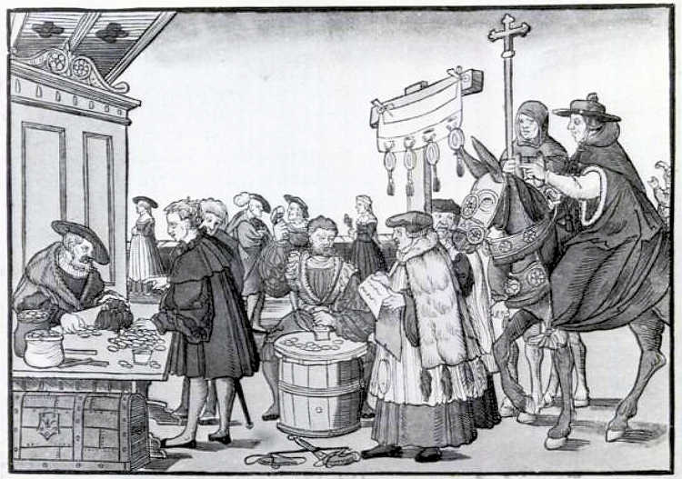 Drawing from the early 1500s of an indulgence seller at work