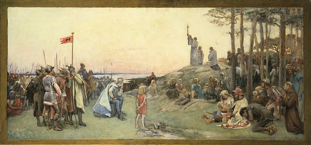 Missionary Ansgar preaching from a hilltop to a crowd near the seashore