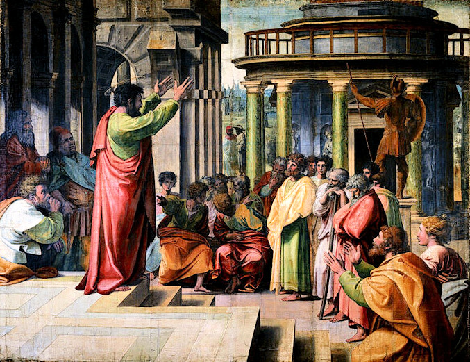 Paul preaching with arms uplifted in an open space with a crowd listening to him