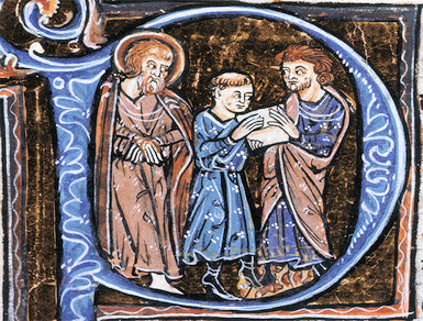 Three men standing together. The one in the center is handing a letter to the one on his left