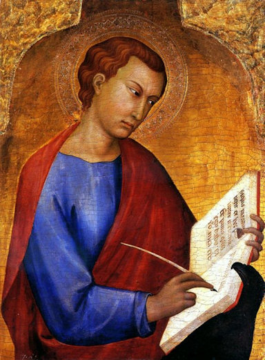 Robed man writing in a book with a quill