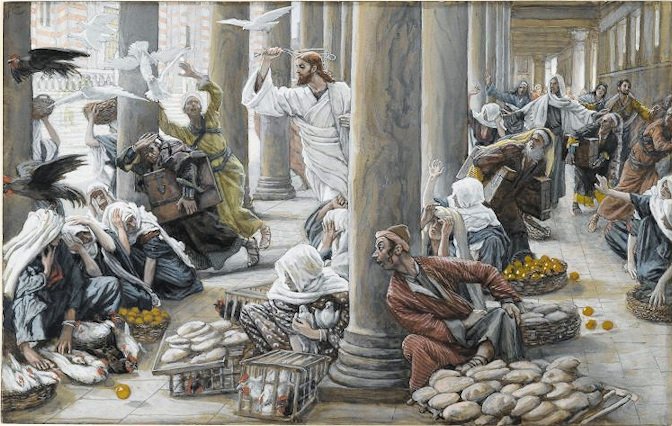 Jesus with a whip chasing merchants out of the Temple courtyard