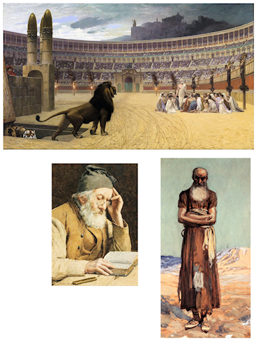 Three paintings, one of the Coliseum in Rome, one of the Prophet Nahum, and one of an old man reading a Bible