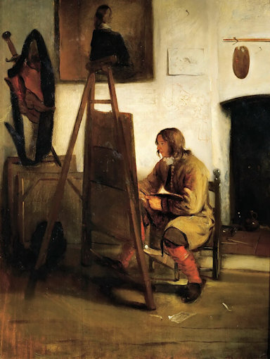 Painter sitting in front of an easel painting something on a large canvas