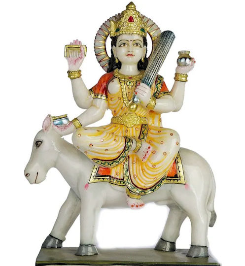 Elaborately costumed Smallpox goddess seated on a donkey