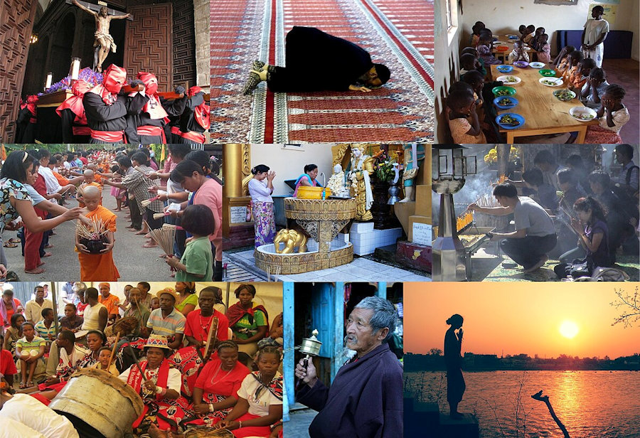 Collage of photos of people at worship in various religions