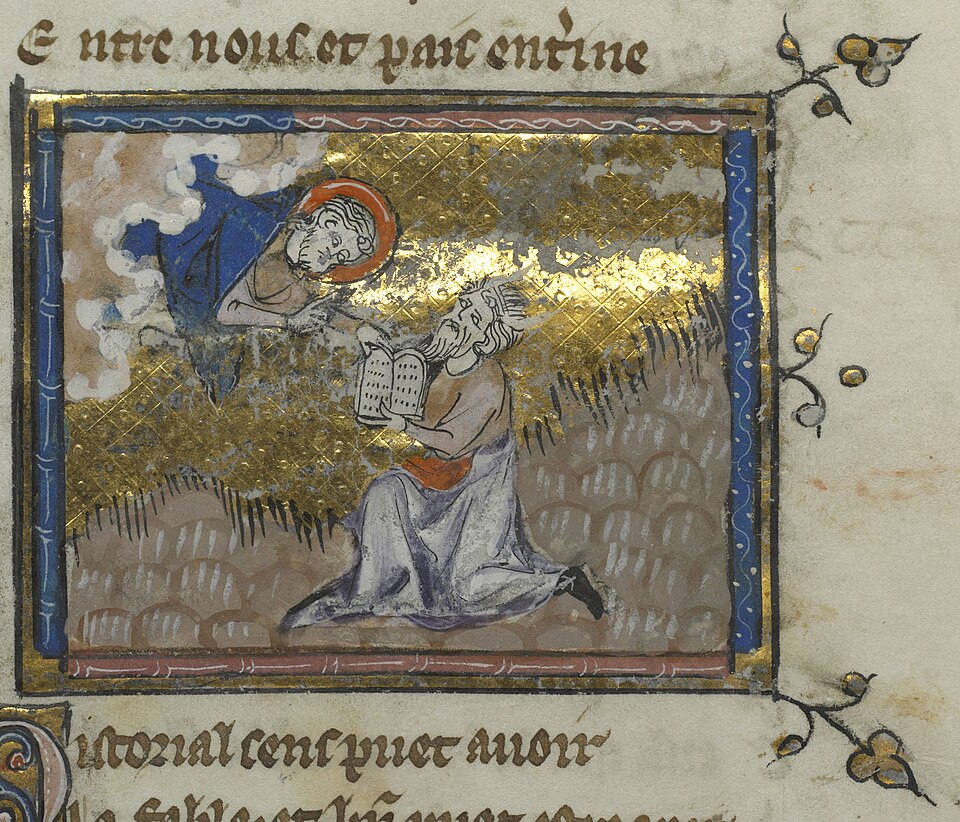 God reaching down from the sky to hand the Ten Commandments tablets to Moses who is kneeling