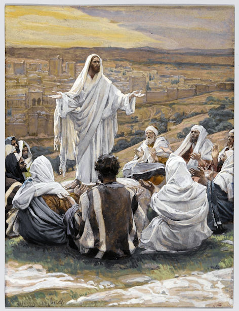 Jesus standing with outstretched arms in front of seated followers