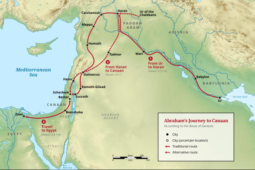 map of trip Abraham made from Ur to Haran and then to the Promised Land and eventually to Egypt and back
