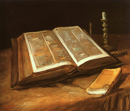 Painting of an open Bible with a candle beside it