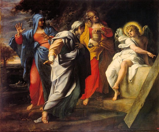 Three women and an angel at the empty tomb of Jesus