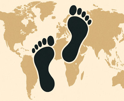 giant footprints on a map of most of the world