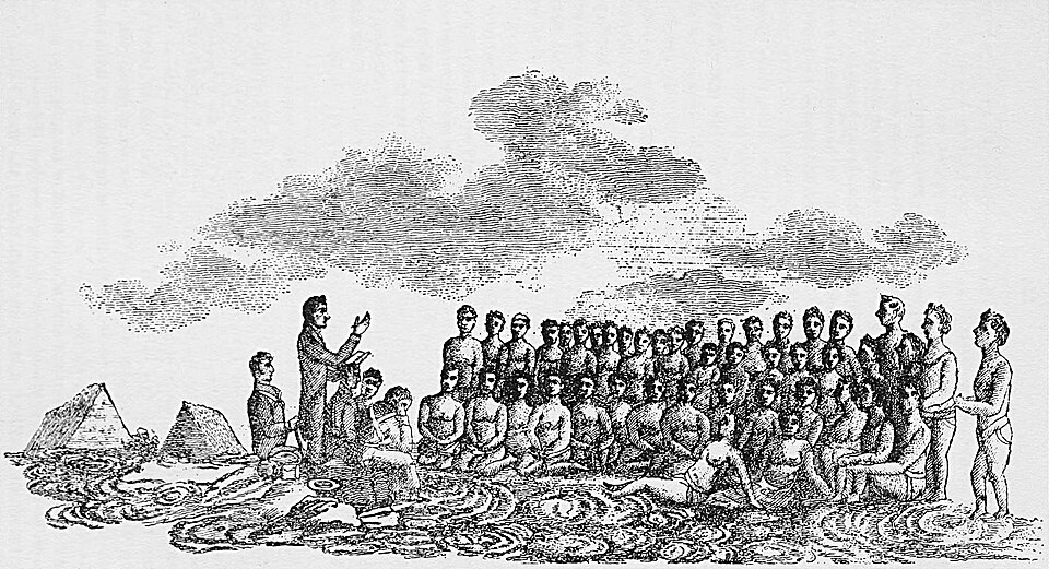 Missionary preaching to a crowd of indigeneous Hawaiians