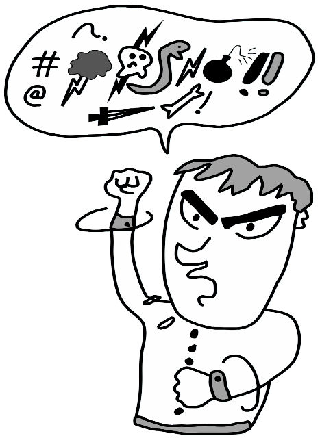 male figure waving arm and shouting profanities